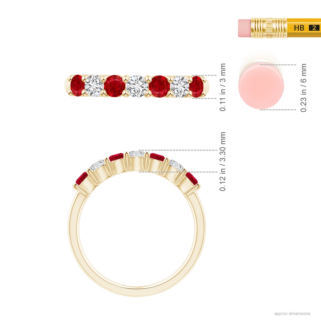 3mm AAA Half Eternity Seven Stone Ruby and Diamond Wedding Ring in Yellow Gold ruler