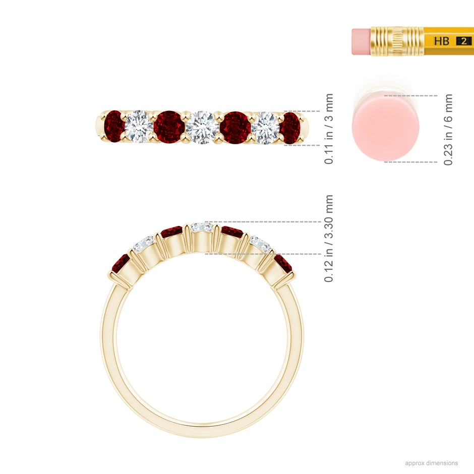 3mm AAAA Half Eternity Seven Stone Ruby and Diamond Wedding Ring in 18K Yellow Gold ruler