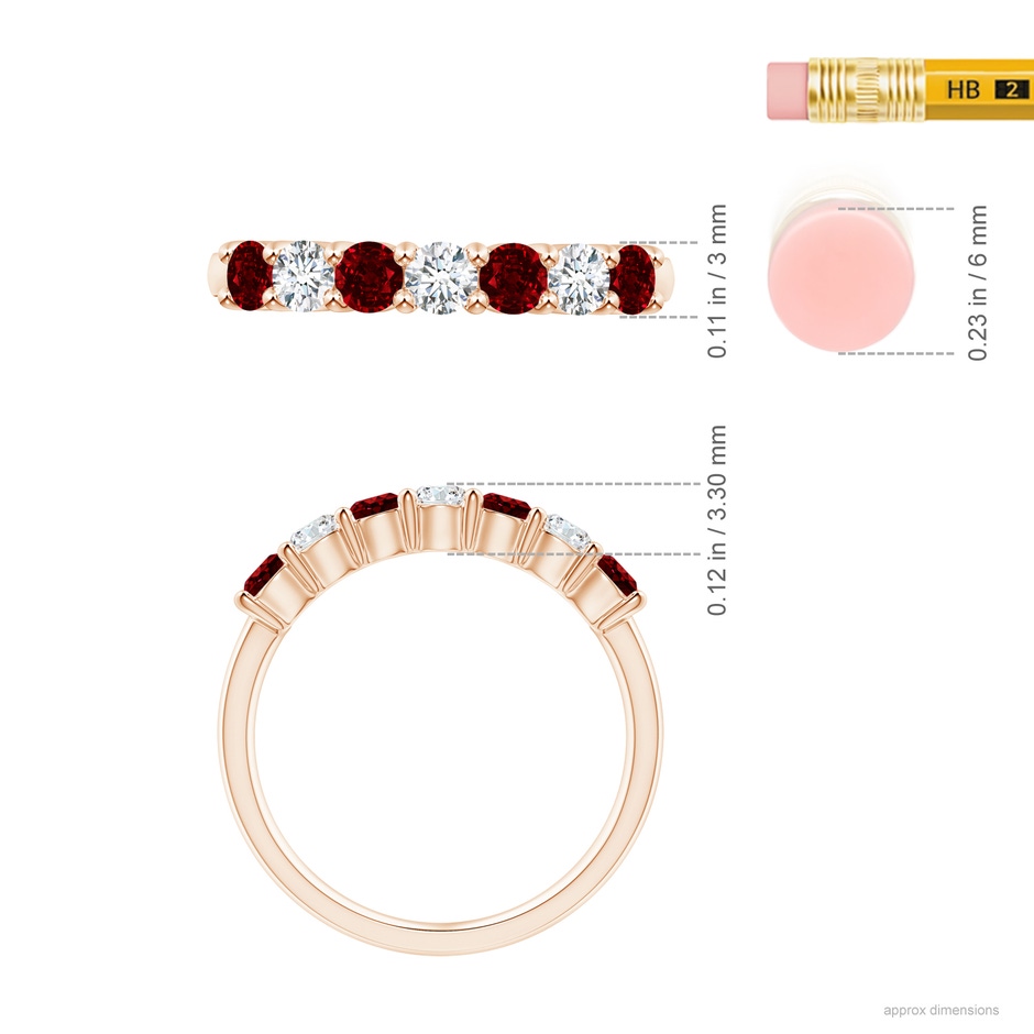 3mm AAAA Half Eternity Seven Stone Ruby and Diamond Wedding Ring in Rose Gold ruler