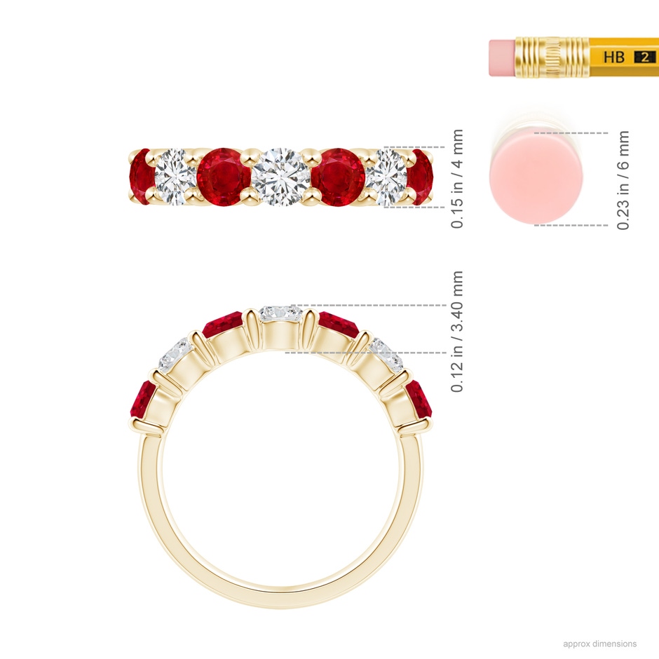 4mm AAA Half Eternity Seven Stone Ruby and Diamond Wedding Ring in 18K Yellow Gold ruler