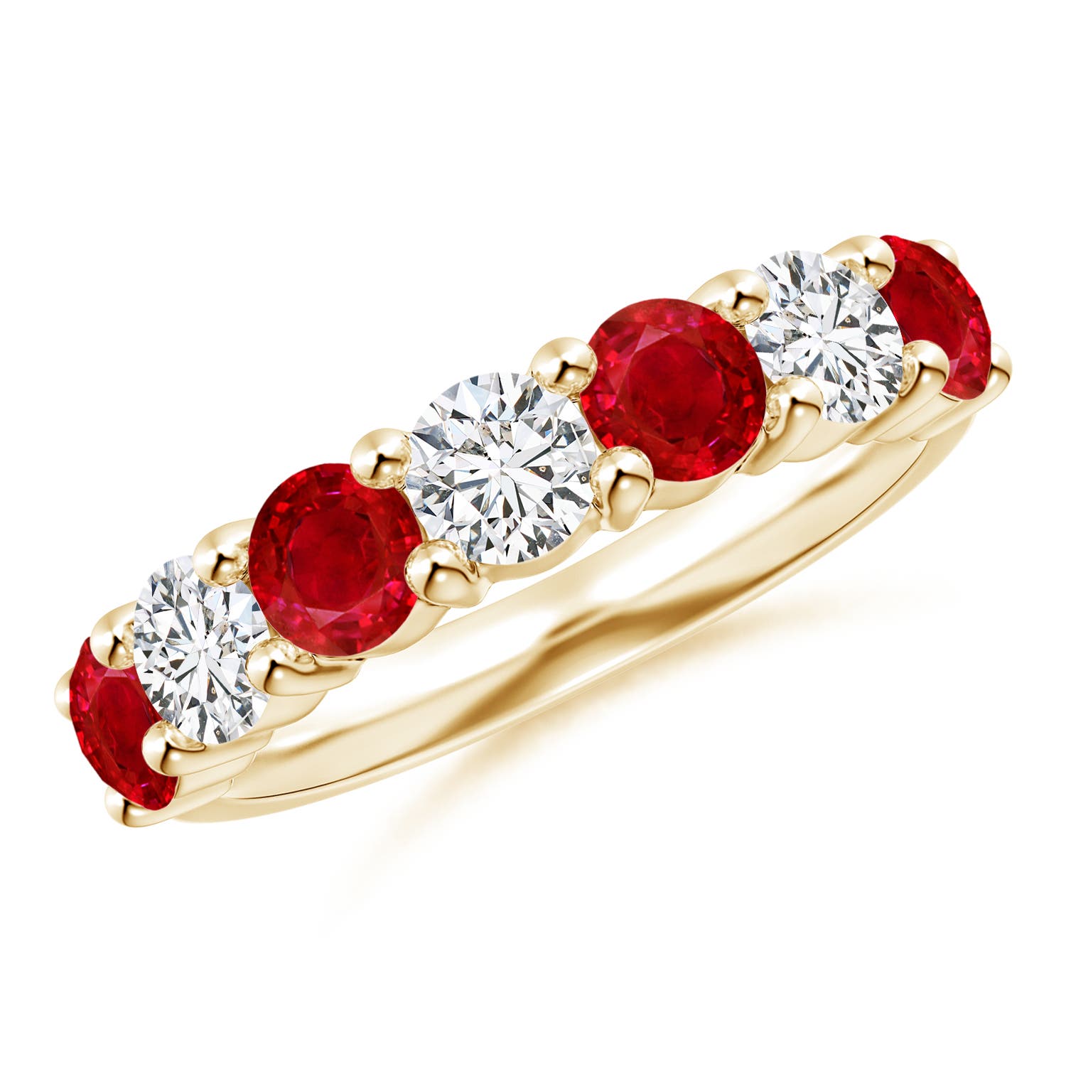 4mm AAA Half Eternity Seven Stone Ruby and Diamond Wedding Ring in Yellow Gold