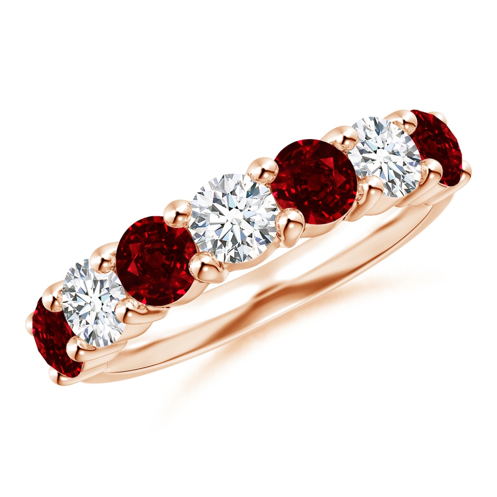 4mm AAAA Half Eternity Seven Stone Ruby and Diamond Wedding Ring in 18K Rose Gold