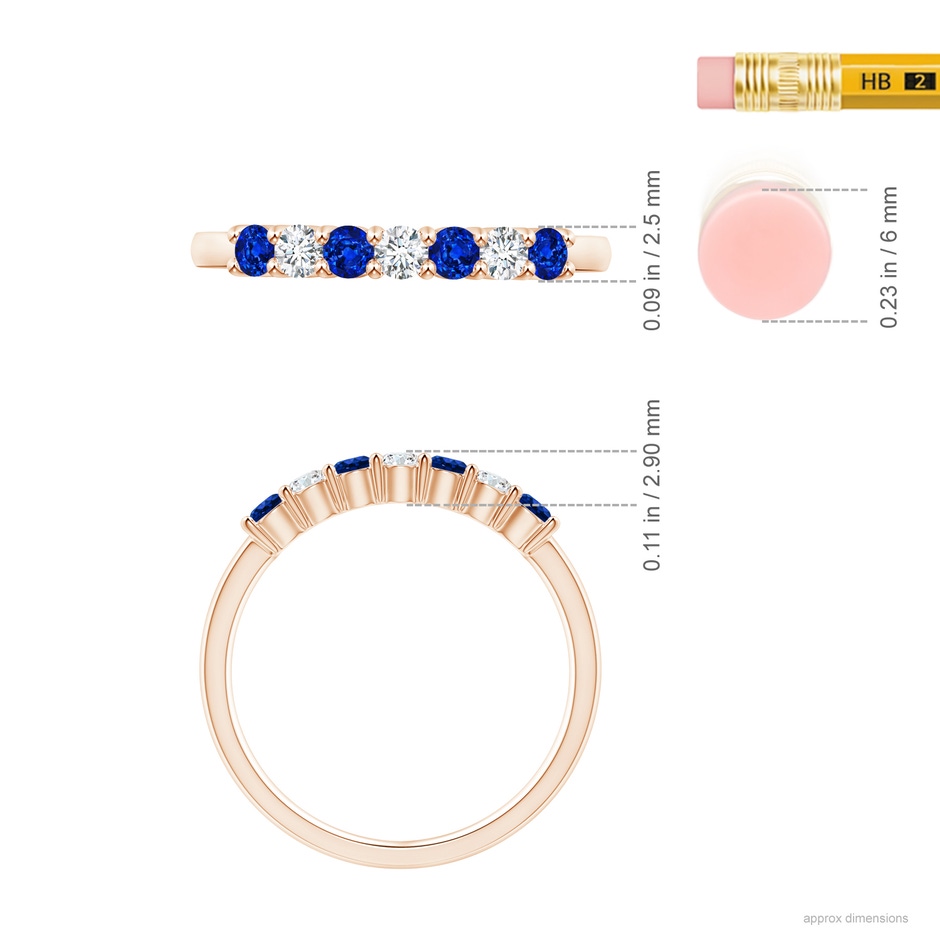2.5mm AAAA Half Eternity Seven Stone Sapphire and Diamond Wedding Ring in Rose Gold ruler