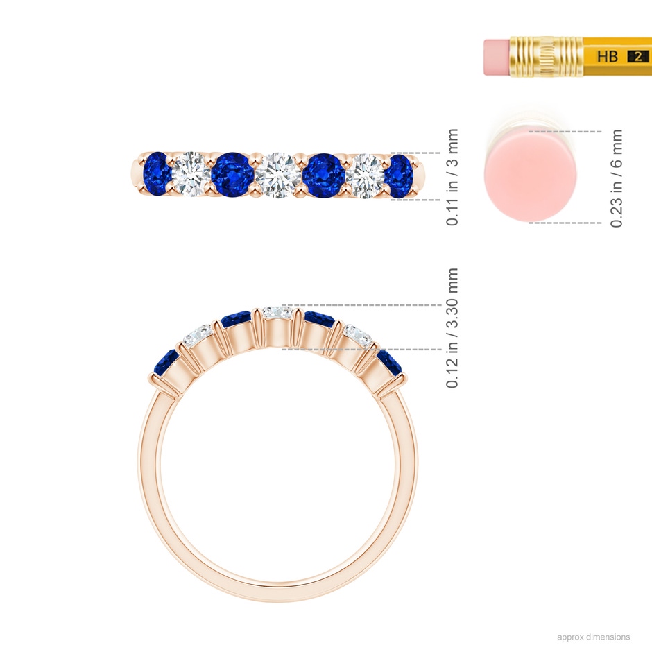 3mm AAAA Half Eternity Seven Stone Sapphire and Diamond Wedding Ring in Rose Gold ruler