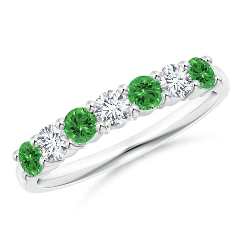 3mm AAAA Half Eternity Seven Stone Tsavorite and Diamond Wedding Ring in 18K White Gold