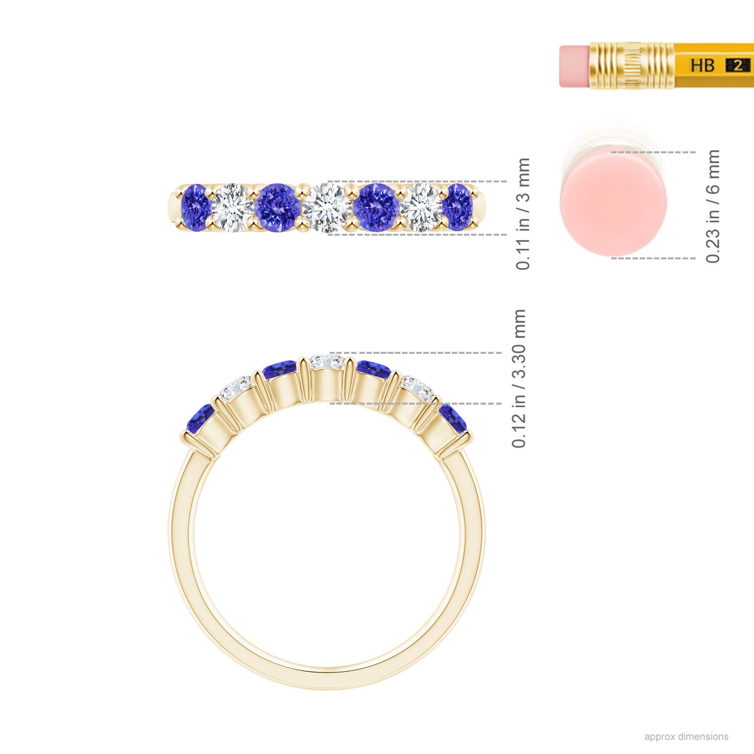 3mm AAAA Half Eternity 7 Stone Tanzanite and Diamond Wedding Ring in Yellow Gold - ruler