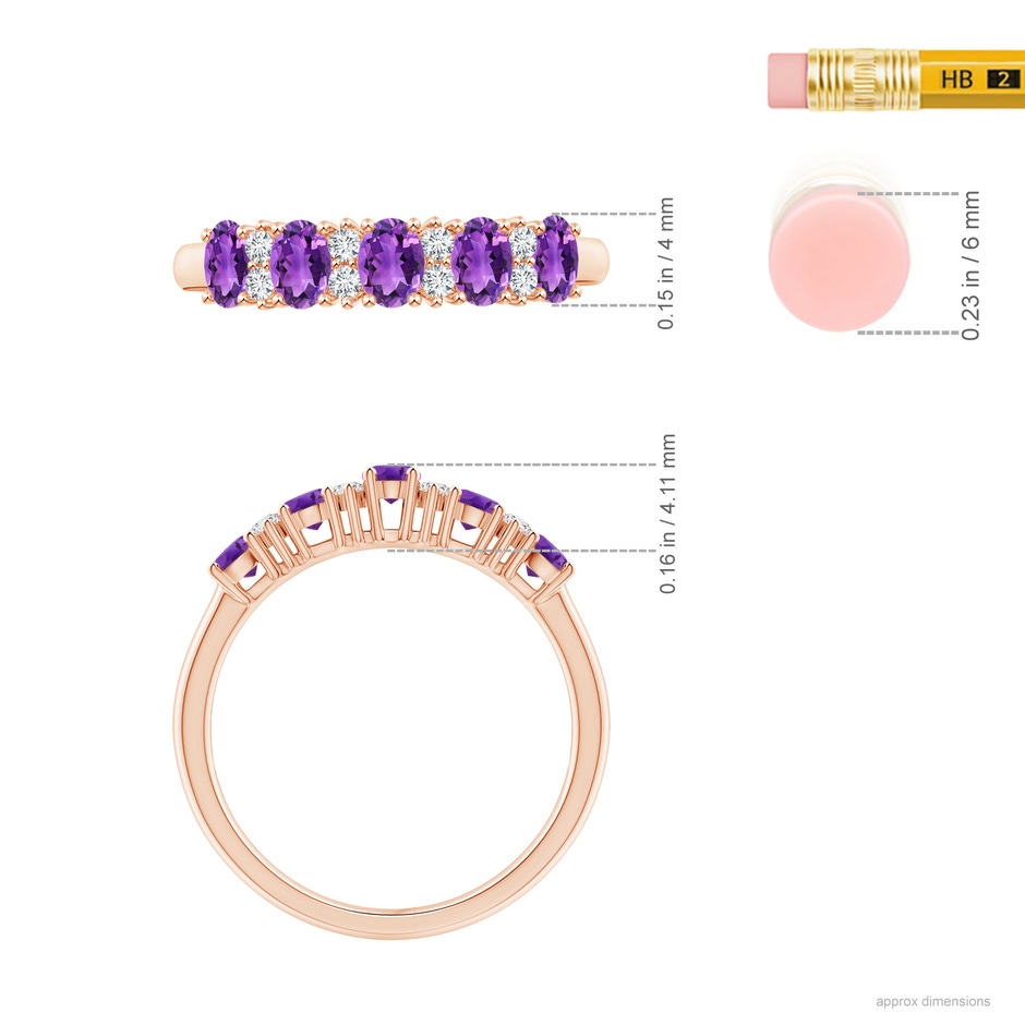 4x3mm AAA Five Stone Amethyst and Diamond Wedding Ring in Rose Gold ruler