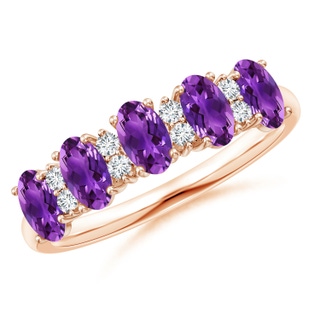 5x3mm AAAA Five Stone Amethyst and Diamond Wedding Ring in 18K Rose Gold