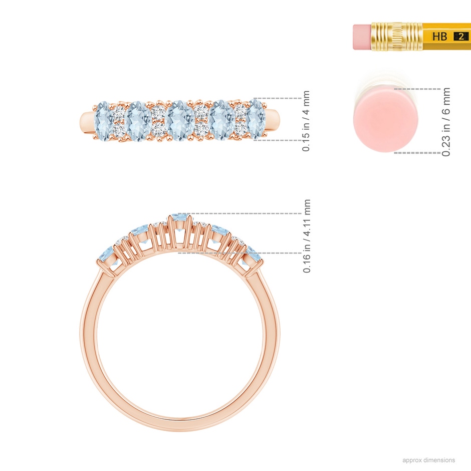 4x3mm A Five Stone Aquamarine and Diamond Wedding Ring in Rose Gold ruler