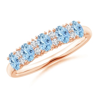 4x3mm AAA Five Stone Aquamarine and Diamond Wedding Ring in Rose Gold