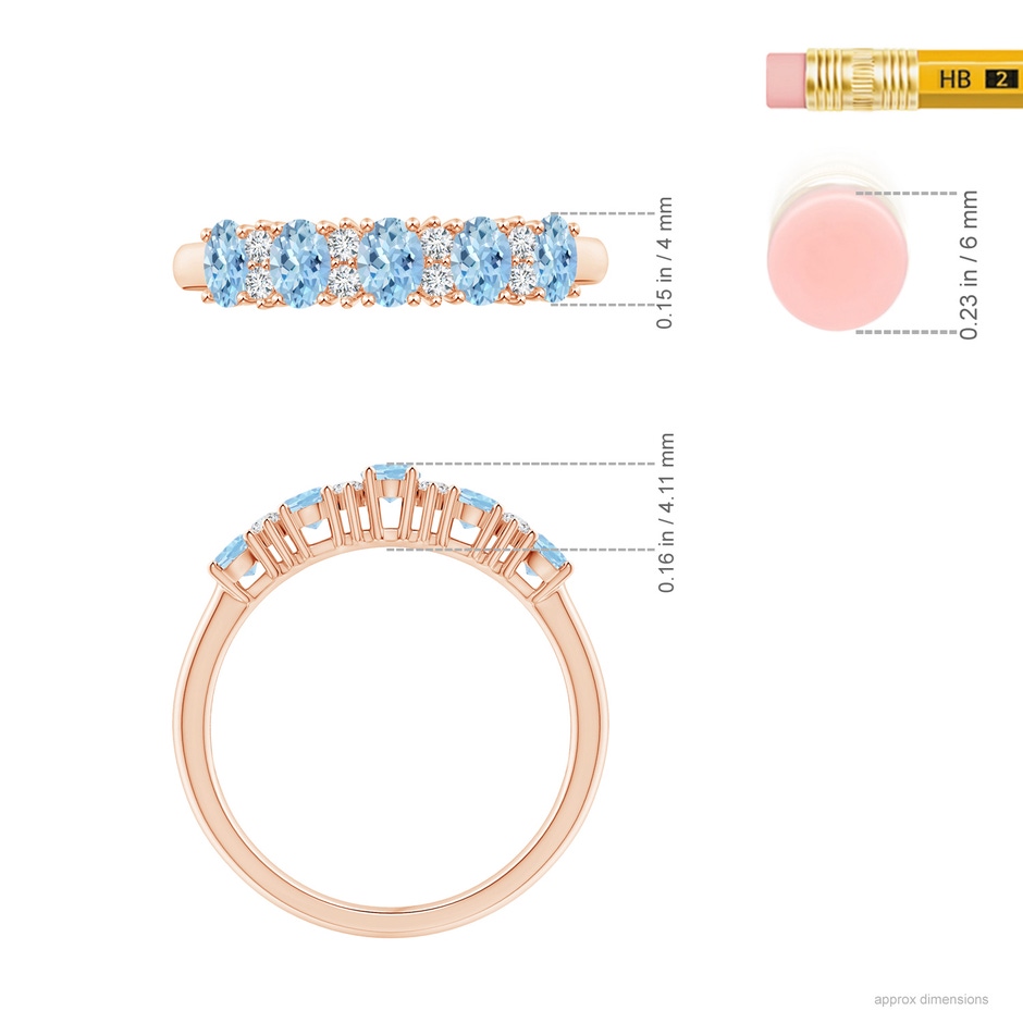 4x3mm AAA Five Stone Aquamarine and Diamond Wedding Ring in Rose Gold ruler