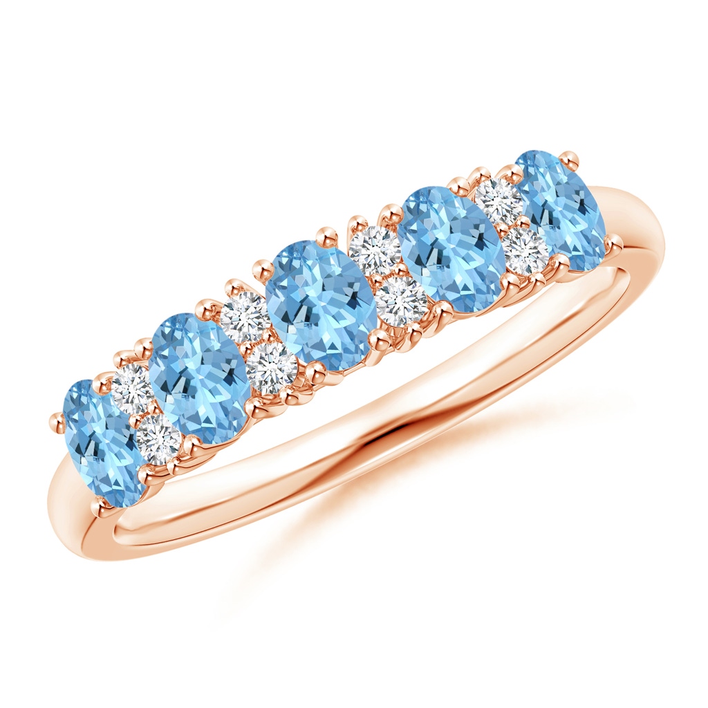 4x3mm AAAA Five Stone Aquamarine and Diamond Wedding Ring in Rose Gold