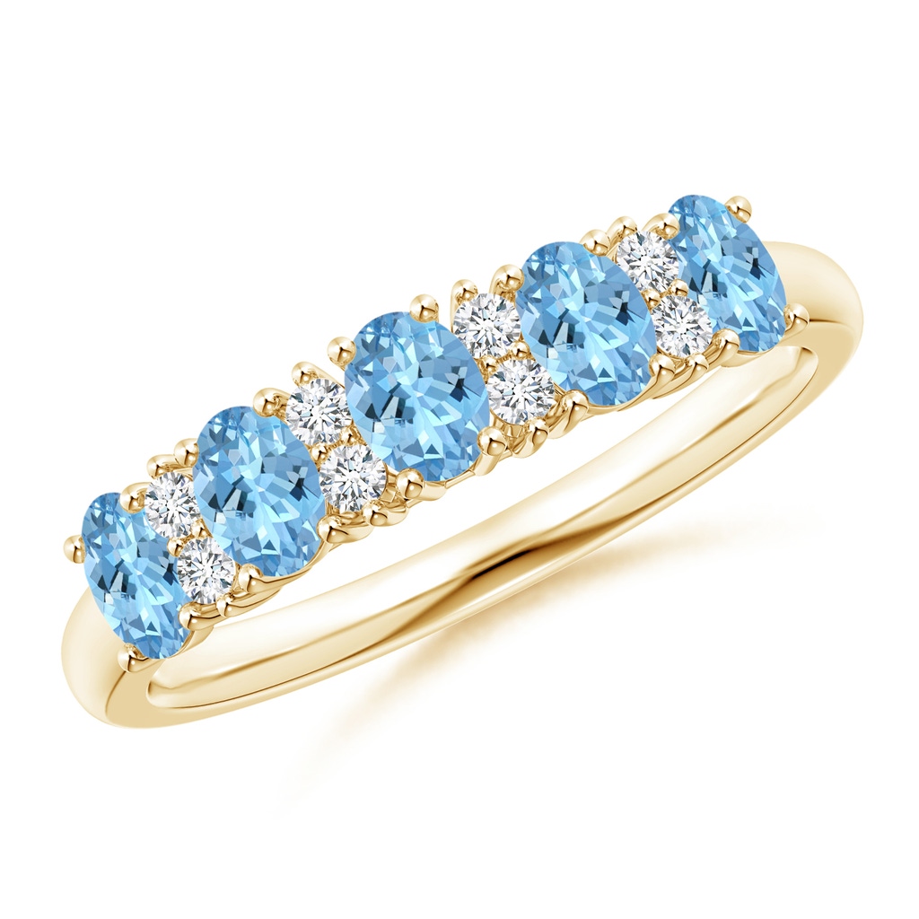 4x3mm AAAA Five Stone Aquamarine and Diamond Wedding Ring in Yellow Gold