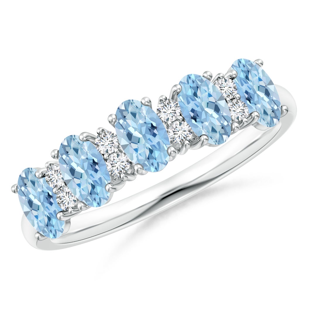 5x3mm AAA Five Stone Aquamarine and Diamond Wedding Ring in White Gold