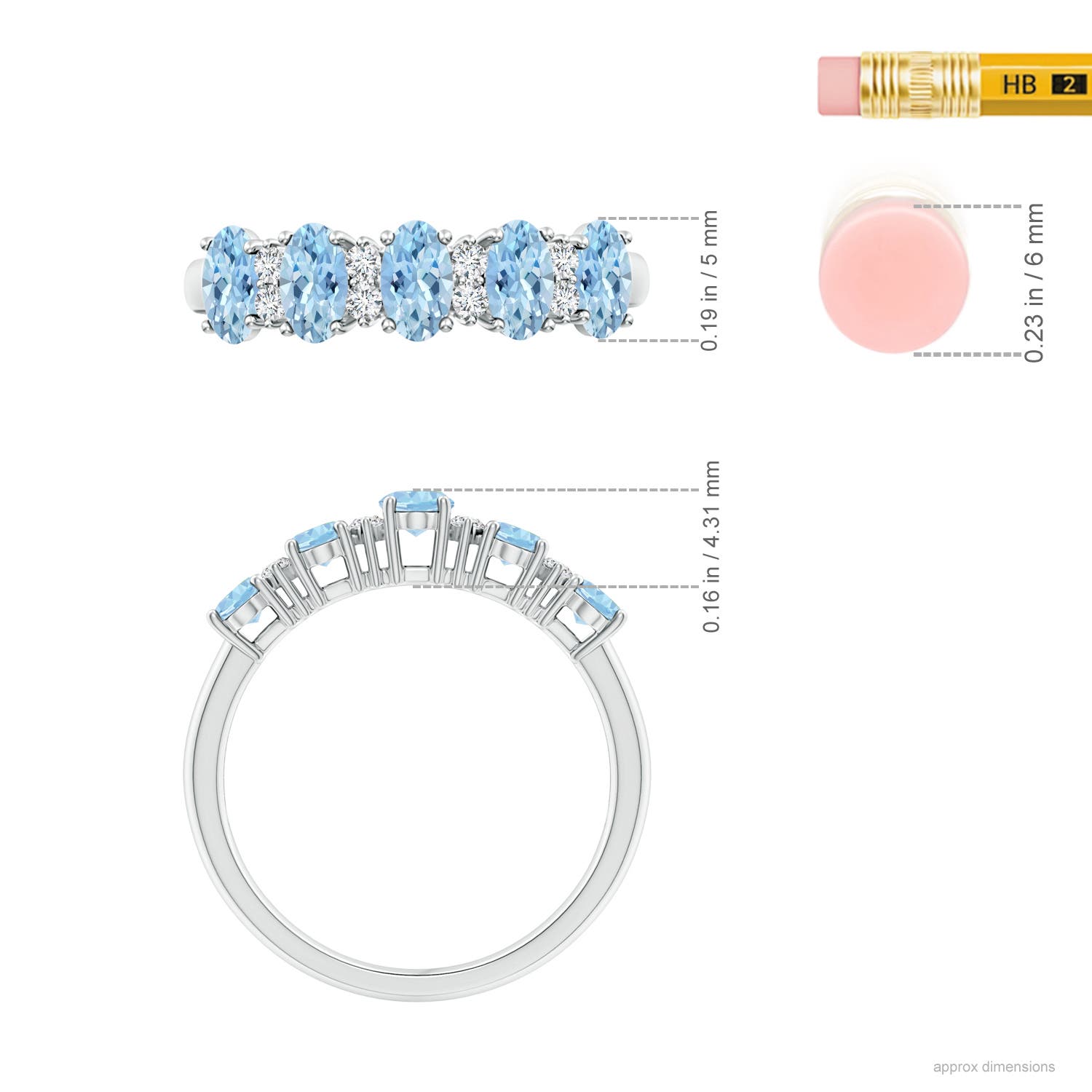 5x3mm AAA Five Stone Aquamarine and Diamond Wedding Ring in White Gold - ruler