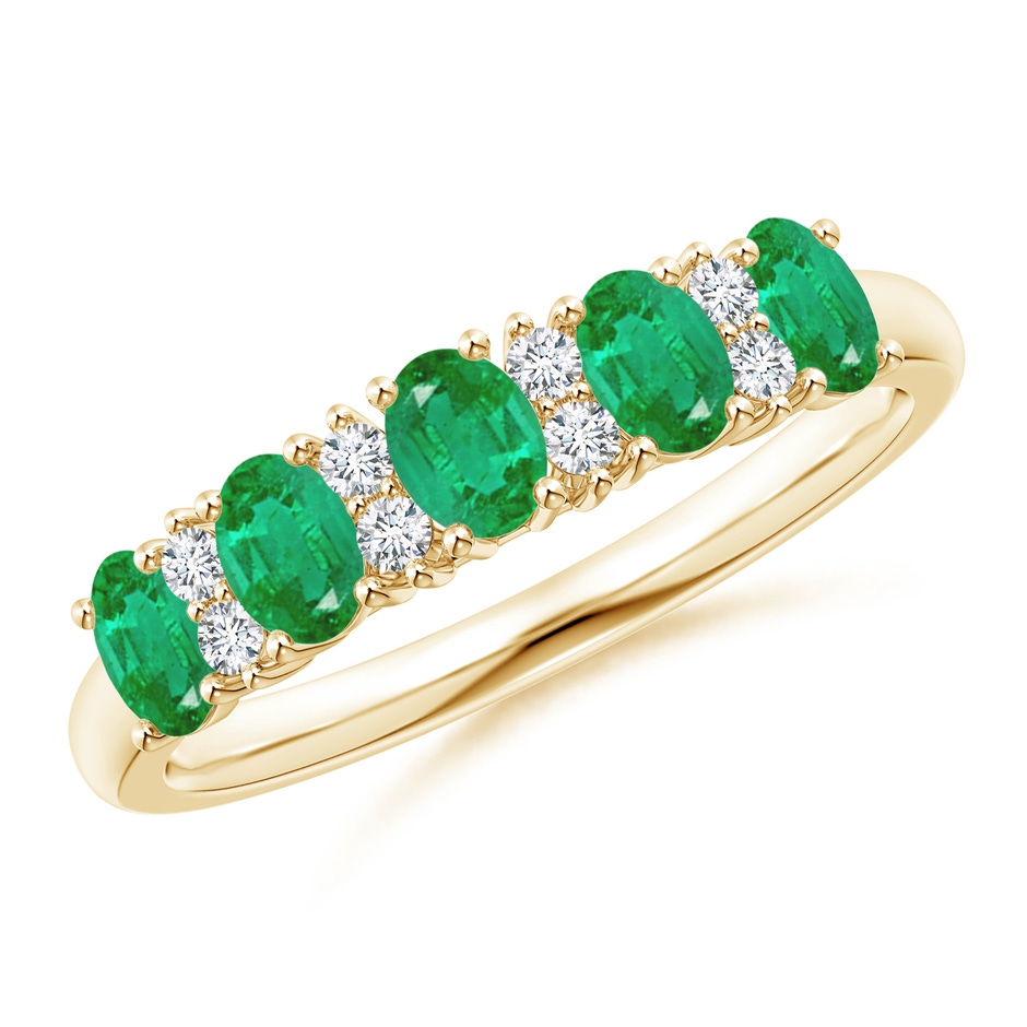 4x3mm AA Five Stone Emerald and Diamond Wedding Ring in 10K Yellow Gold 