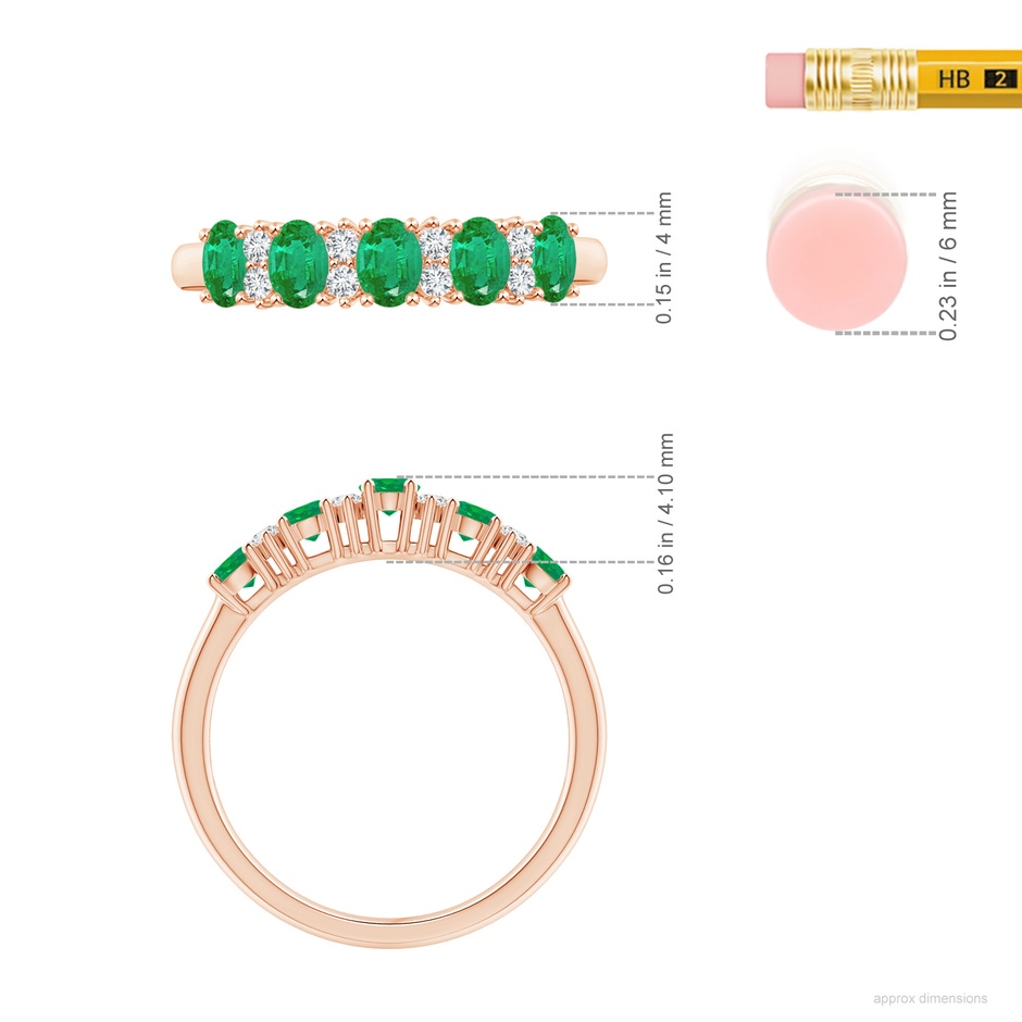 4x3mm AA Five Stone Emerald and Diamond Wedding Ring in Rose Gold ruler
