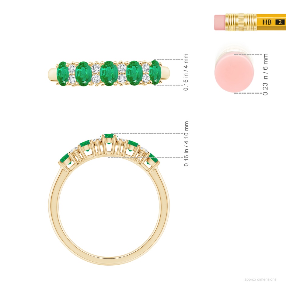 4x3mm AA Five Stone Emerald and Diamond Wedding Ring in Yellow Gold ruler