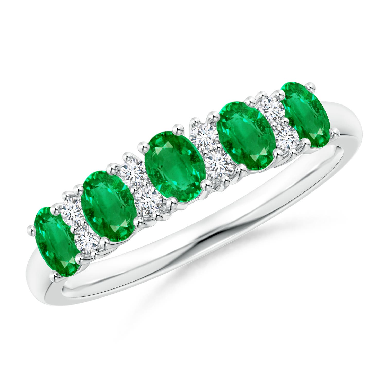 4x3mm AAA Five Stone Emerald and Diamond Wedding Ring in 18K White Gold