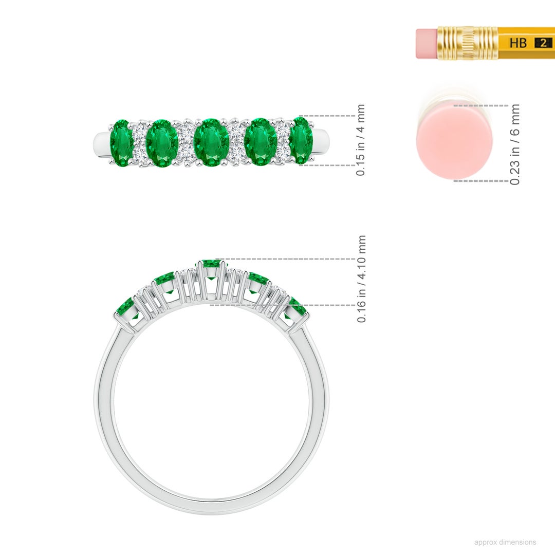 4x3mm AAA Five Stone Emerald and Diamond Wedding Ring in White Gold - ruler