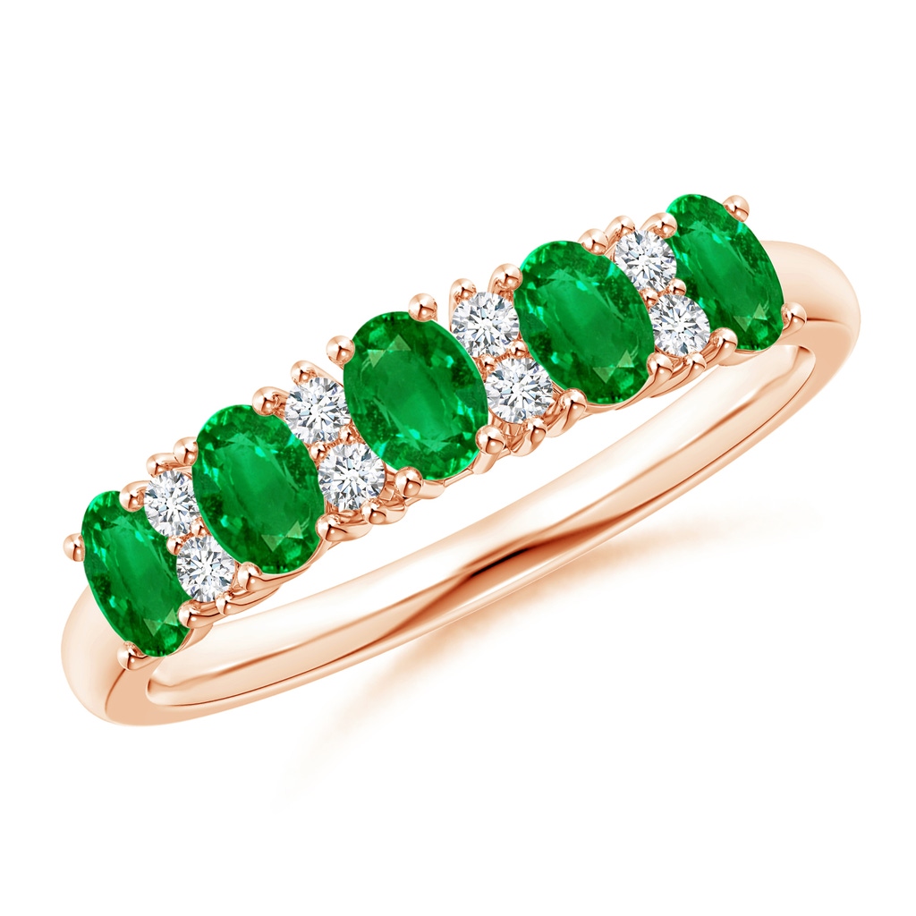 4x3mm AAAA Five Stone Emerald and Diamond Wedding Ring in Rose Gold