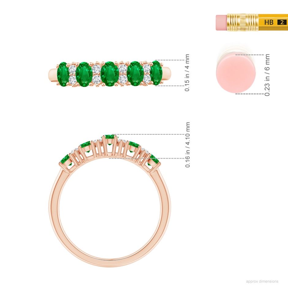 4x3mm AAAA Five Stone Emerald and Diamond Wedding Ring in Rose Gold ruler