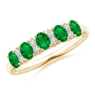 4x3mm AAAA Five Stone Emerald and Diamond Wedding Ring in Yellow Gold