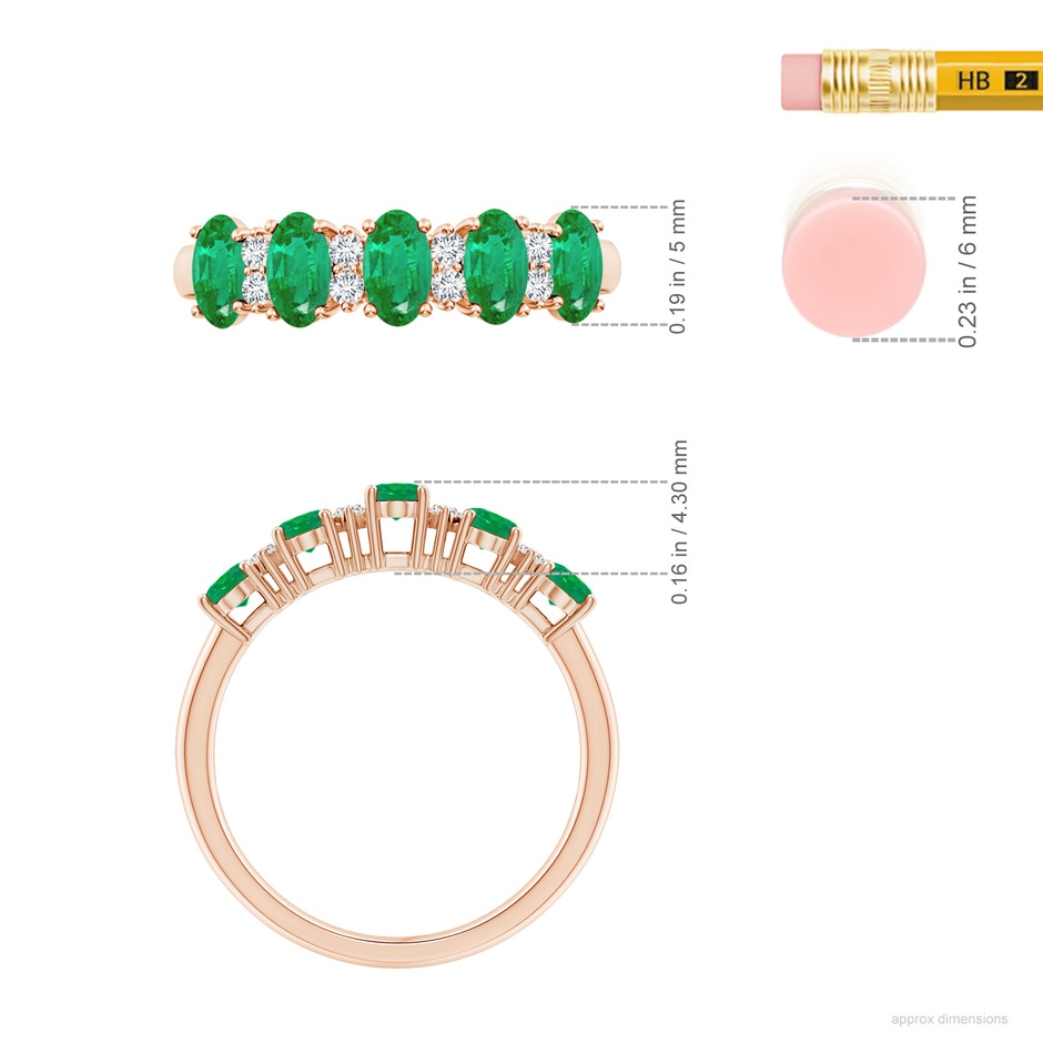 5x3mm AA Five Stone Emerald and Diamond Wedding Ring in Rose Gold ruler