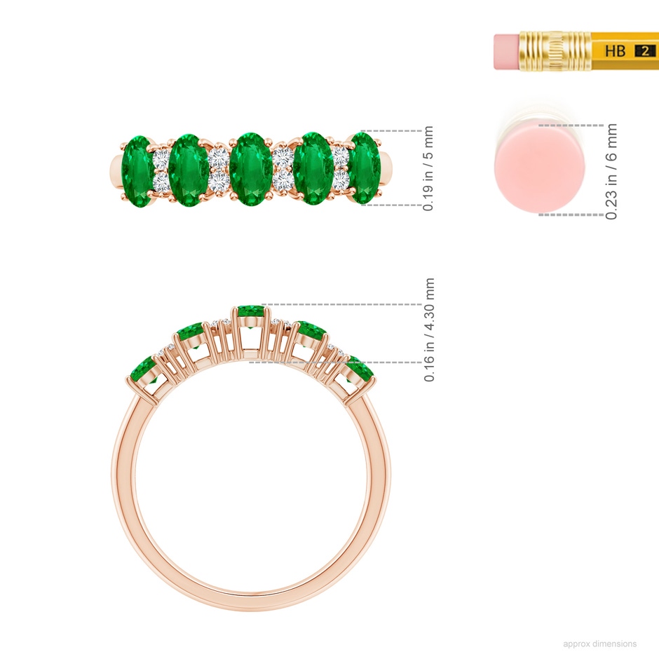 5x3mm AAAA Five Stone Emerald and Diamond Wedding Ring in Rose Gold ruler