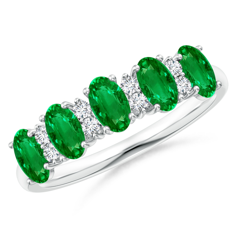 5x3mm AAAA Five Stone Emerald and Diamond Wedding Ring in White Gold