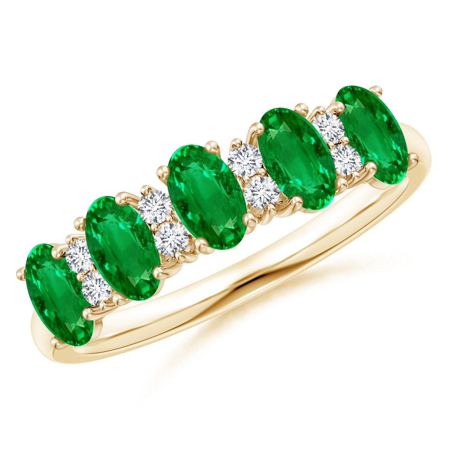 5x3mm AAAA Five Stone Emerald and Diamond Wedding Ring in Yellow Gold 