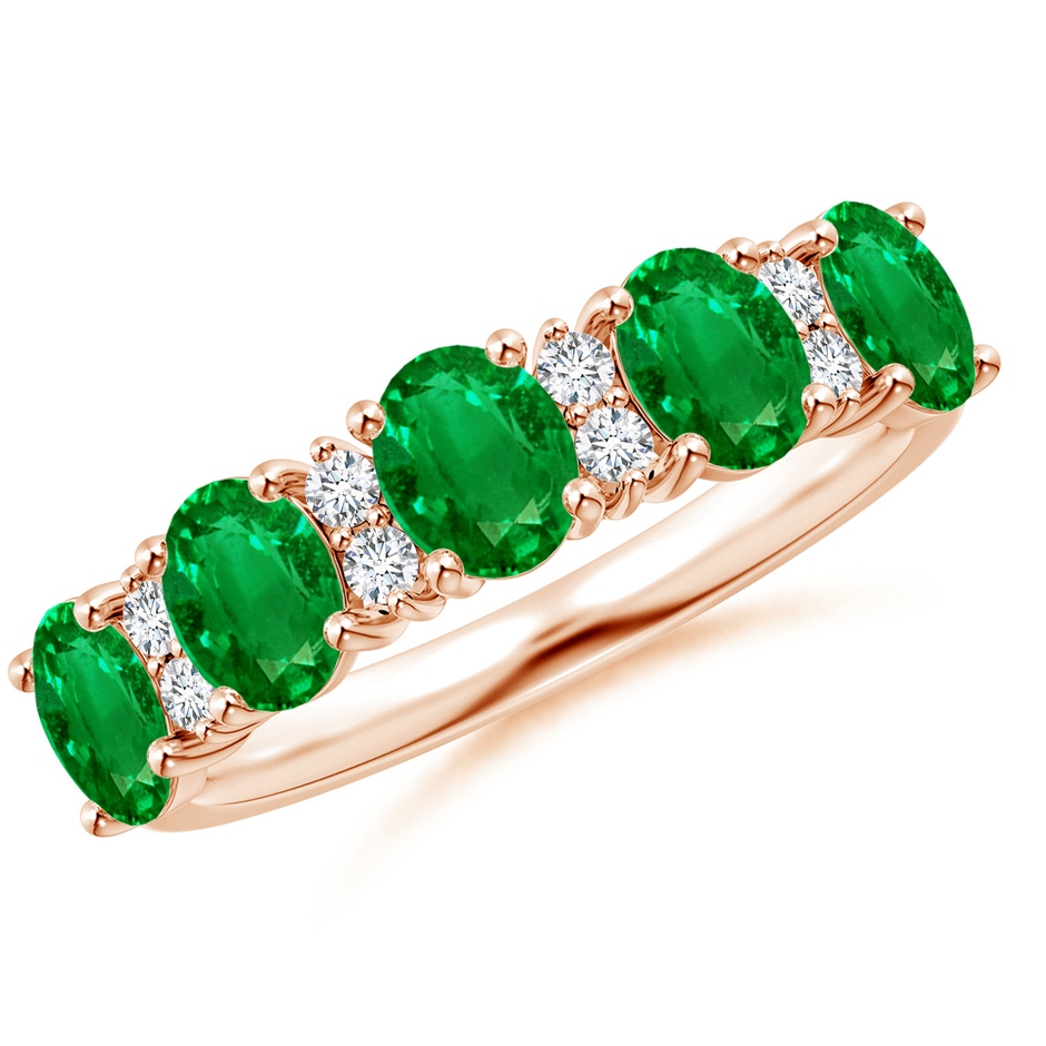 5x4mm AAAA Five Stone Emerald and Diamond Wedding Ring in Rose Gold 
