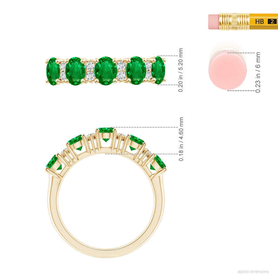 5x4mm AAAA Five Stone Emerald and Diamond Wedding Ring in Yellow Gold ruler