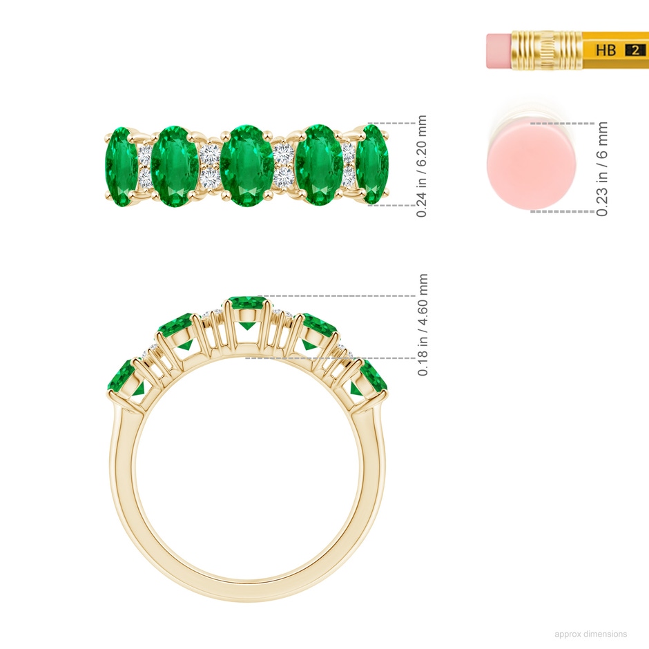6x4mm AAA Five Stone Emerald and Diamond Wedding Ring in Yellow Gold ruler