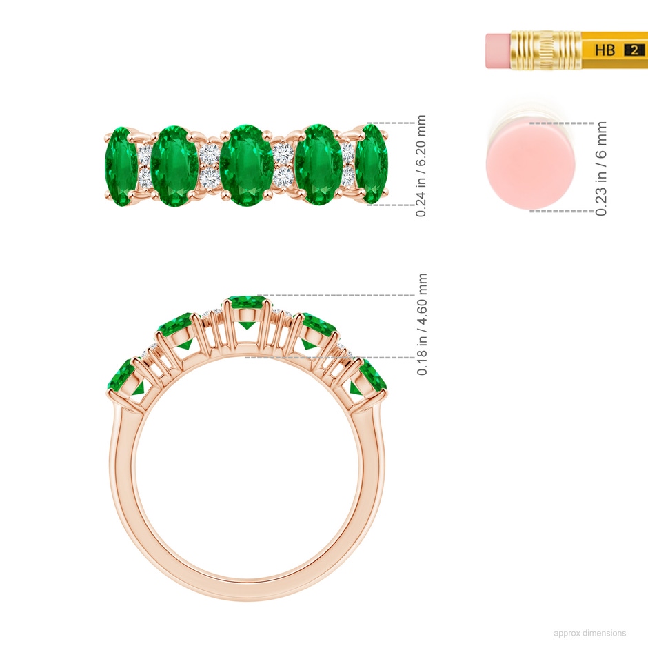 6x4mm AAAA Five Stone Emerald and Diamond Wedding Ring in Rose Gold ruler