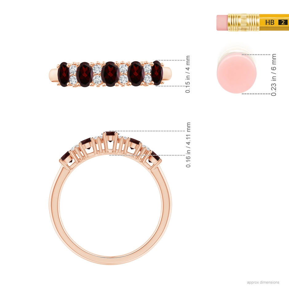 4x3mm A Five Stone Garnet and Diamond Wedding Ring in Rose Gold ruler