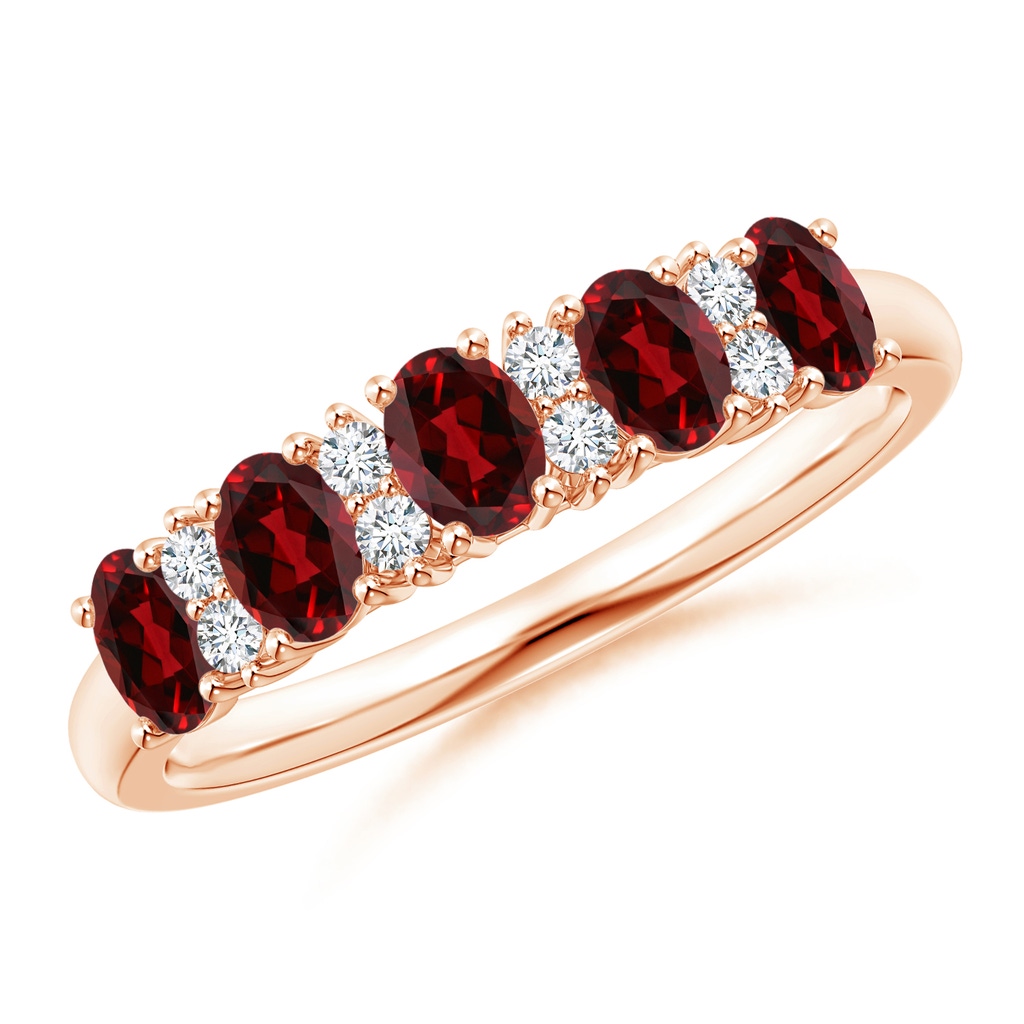 4x3mm AAAA Five Stone Garnet and Diamond Wedding Ring in Rose Gold