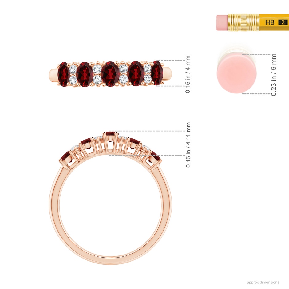 4x3mm AAAA Five Stone Garnet and Diamond Wedding Ring in Rose Gold ruler