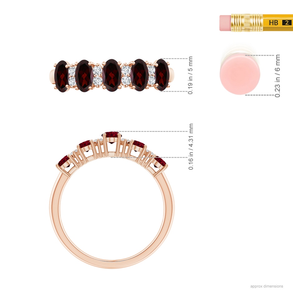 5x3mm A Five Stone Garnet and Diamond Wedding Ring in Rose Gold ruler