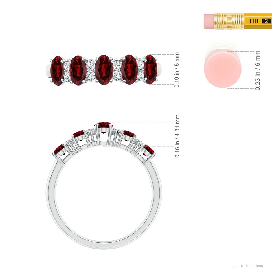 5x3mm AAAA Five Stone Garnet and Diamond Wedding Ring in P950 Platinum ruler