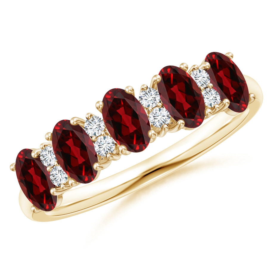 5x3mm AAAA Five Stone Garnet and Diamond Wedding Ring in Yellow Gold 
