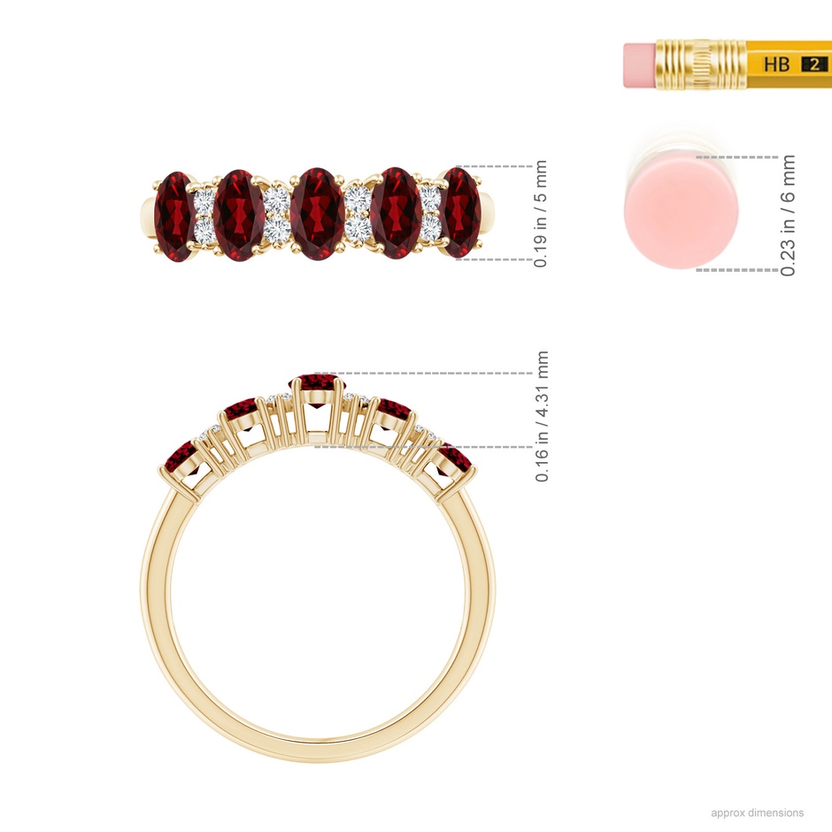 5x3mm AAAA Five Stone Garnet and Diamond Wedding Ring in Yellow Gold ruler