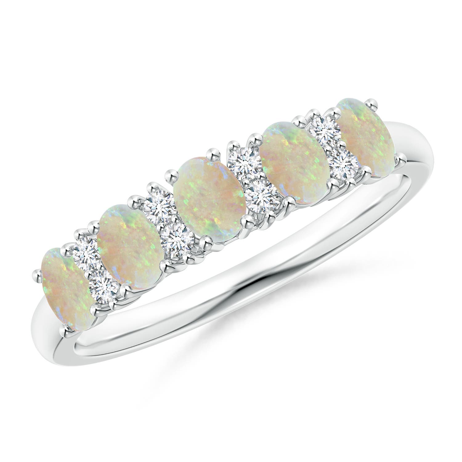 4x3mm AAA Five Stone Opal and Diamond Wedding Ring in White Gold
