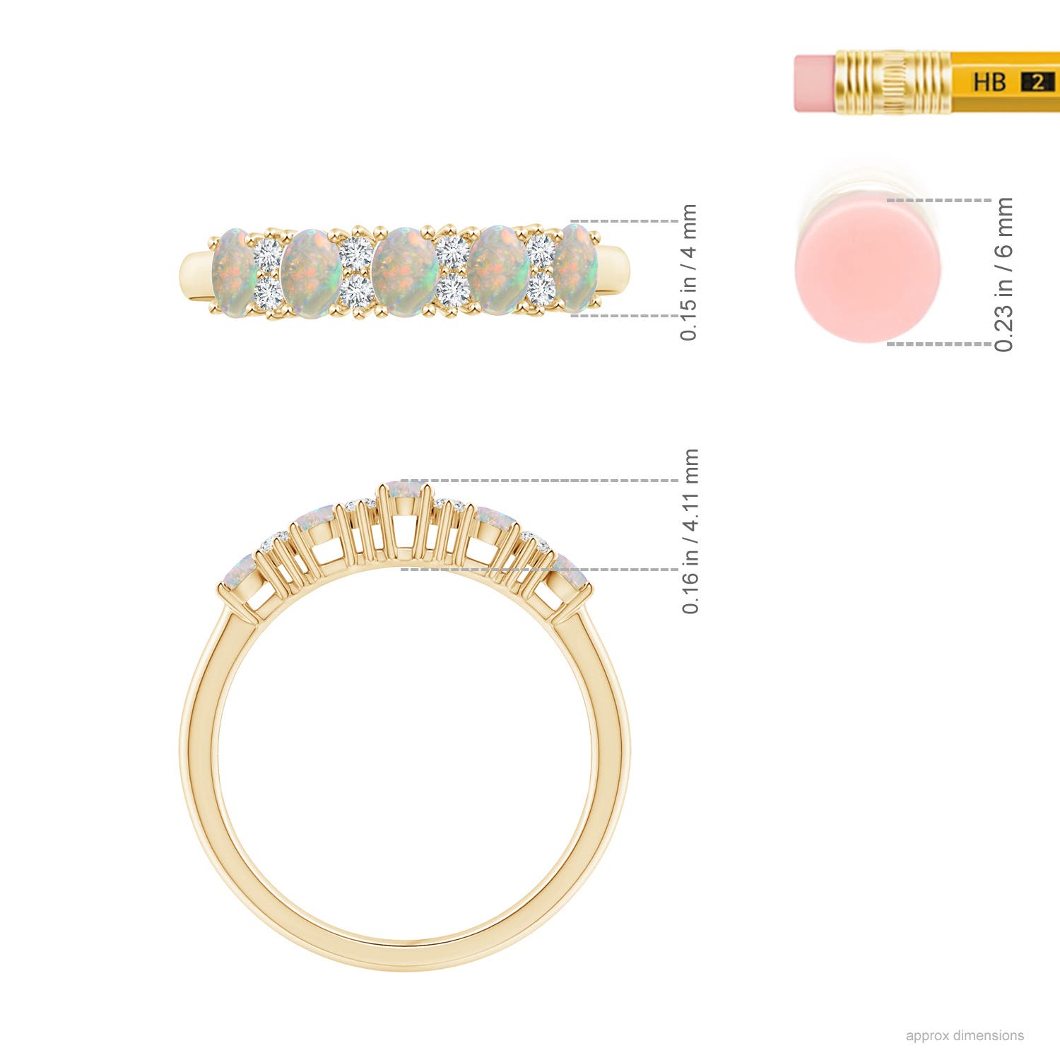 4x3mm AAAA Five Stone Opal and Diamond Wedding Ring in Yellow Gold - ruler