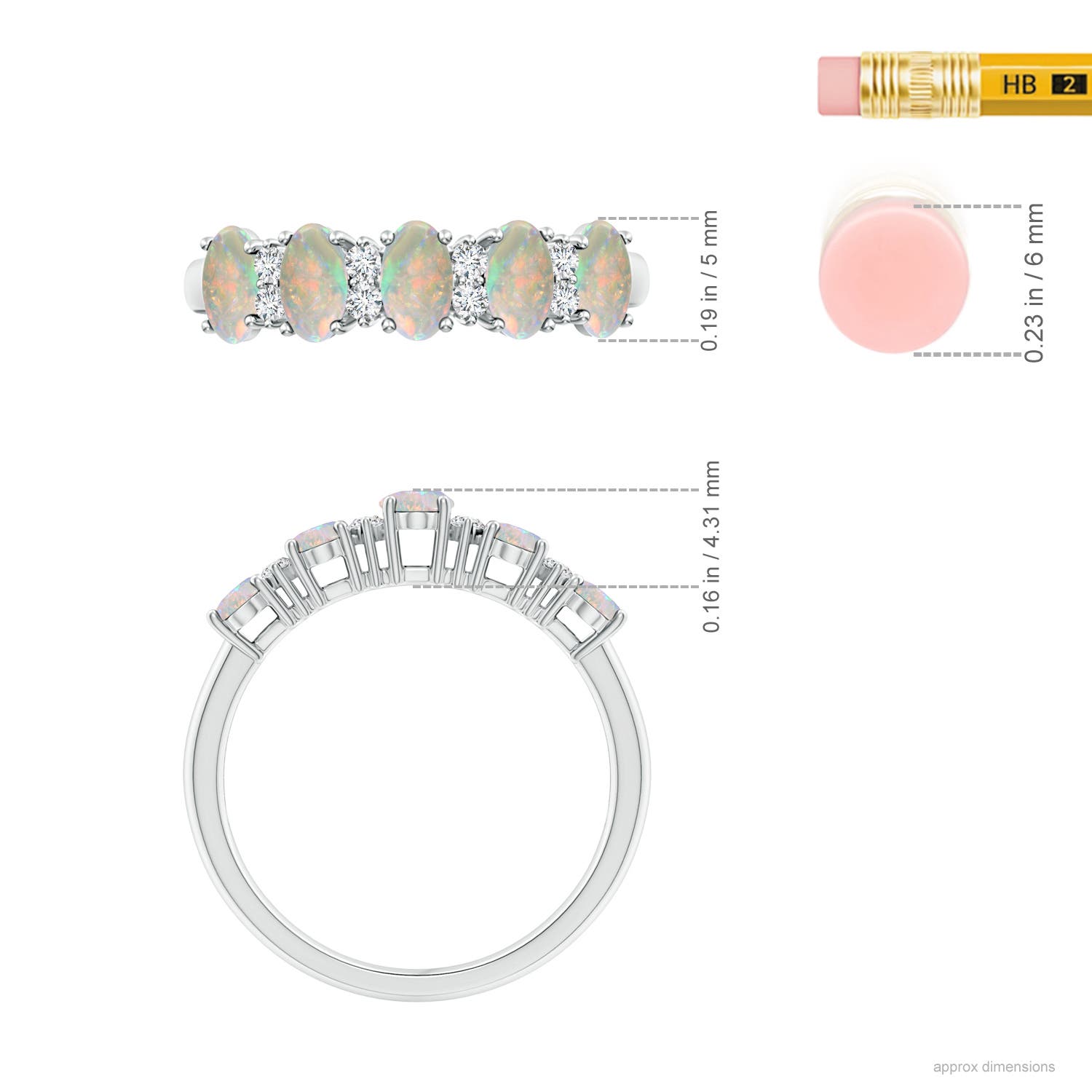 5x3mm AAAA Five Stone Opal and Diamond Wedding Ring in White Gold - ruler