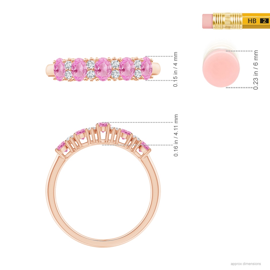4x3mm A Five Stone Pink Sapphire and Diamond Wedding Ring in Rose Gold ruler