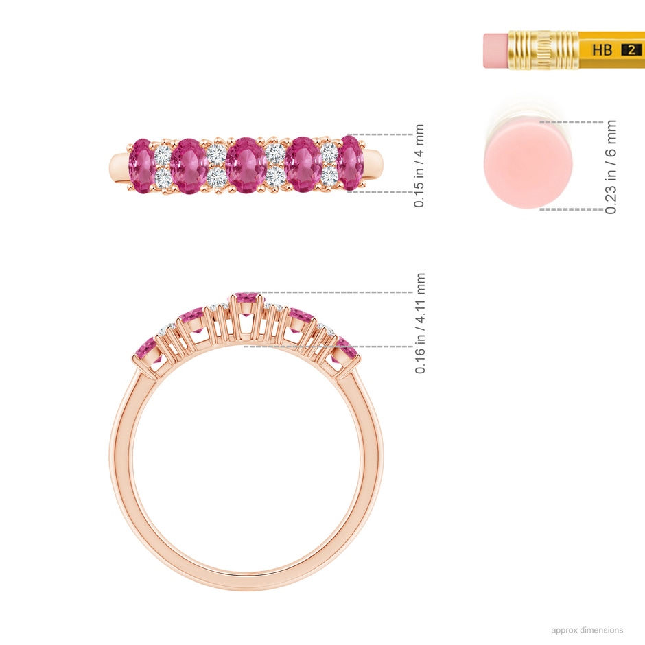 4x3mm AAAA Five Stone Pink Sapphire and Diamond Wedding Ring in Rose Gold ruler