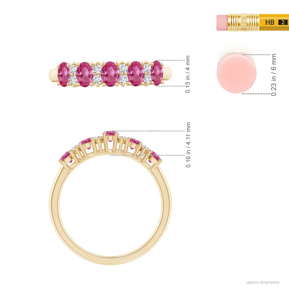 4x3mm AAAA Five Stone Pink Sapphire and Diamond Wedding Ring in Yellow Gold ruler