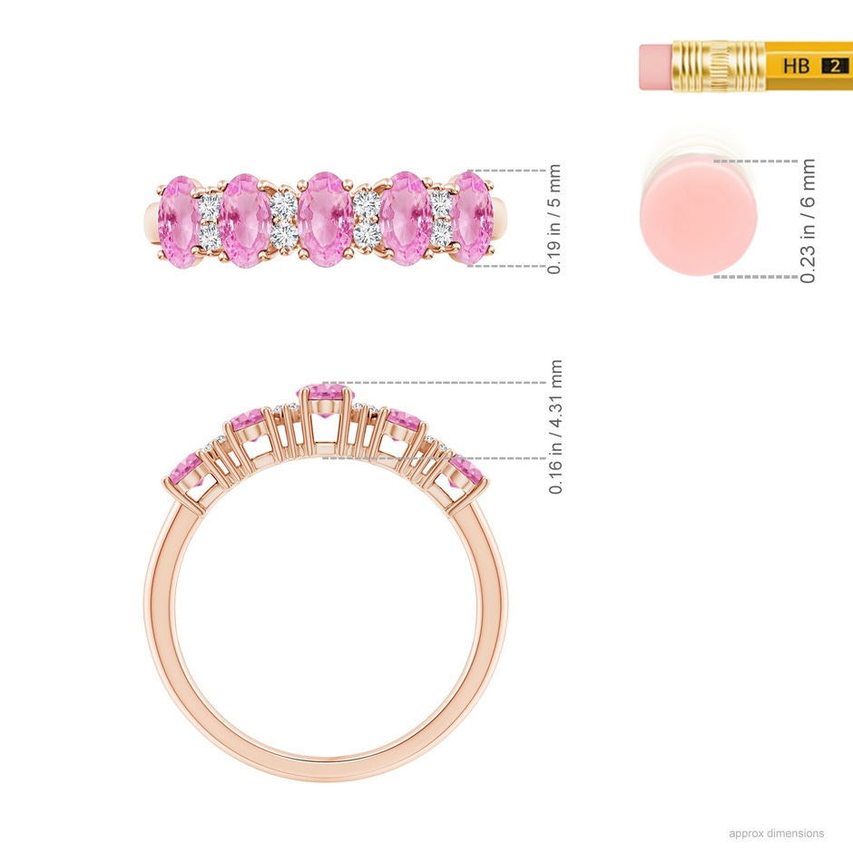 5x3mm A Five Stone Pink Sapphire and Diamond Wedding Ring in Rose Gold ruler