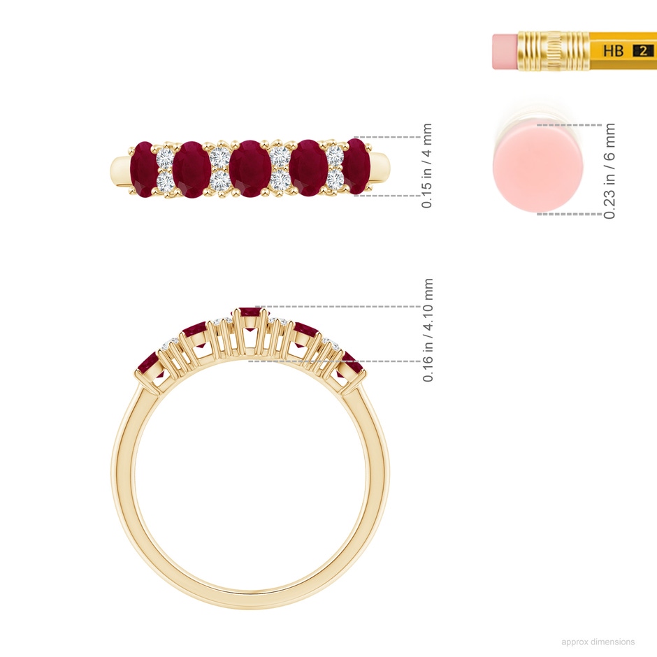 4x3mm A Five Stone Ruby and Diamond Wedding Ring in Yellow Gold ruler